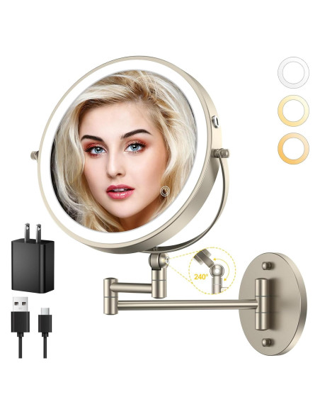 Espejo de Maquillaje Iluminado ZLOKLA 9" Doble Cara 1X/10X