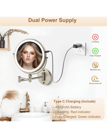 Espejo de Maquillaje Iluminado ZLOKLA 9" Doble Cara 1X/10X