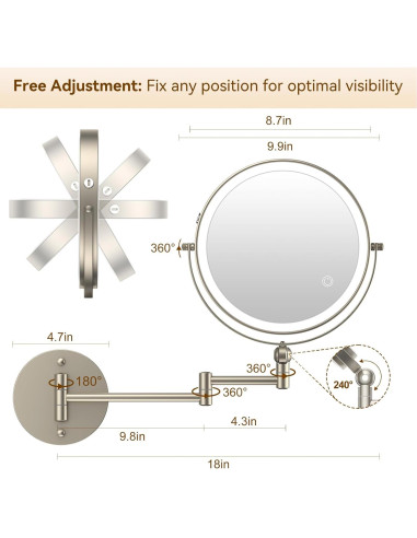 Espejo de Maquillaje Iluminado ZLOKLA 9" Doble Cara 1X/10X