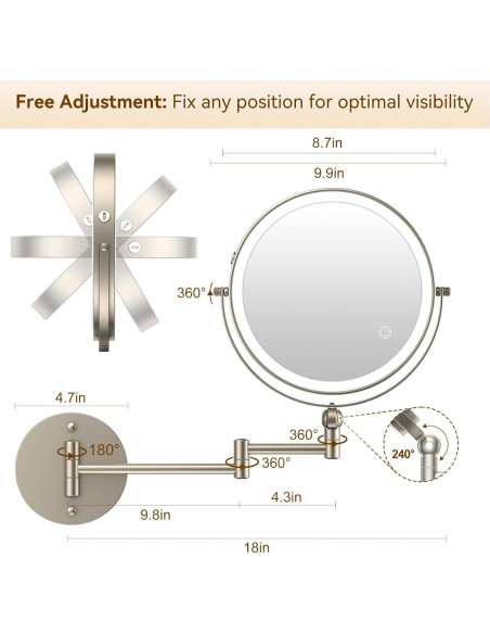 Espejo de Maquillaje Iluminado ZLOKLA 9" Doble Cara 1X/10X