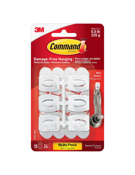 Ganchos Adhesivos Mini Command Blancos - 18 Ganchos y 24 Tiras