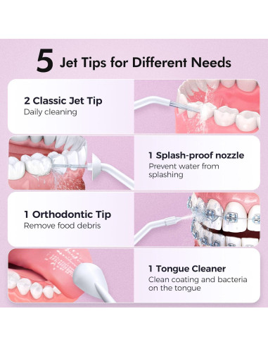Irrigador Oral Inalámbrico Demita Rosa 300ML 3 Modos 5 Puntas