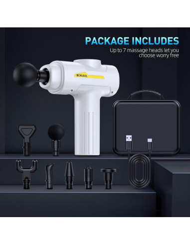 Pistola de Masaje SORUDEL con 7 Cabezas y 6 Velocidades - Blanco