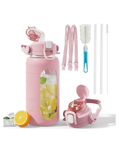 Botella de Agua de Vidrio 64 Oz Fluhun Rosa a Prueba de Fugas