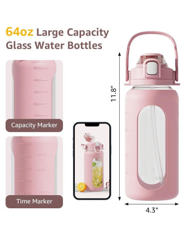 Botella de Agua de Vidrio 64 Oz Fluhun Rosa a Prueba de Fugas