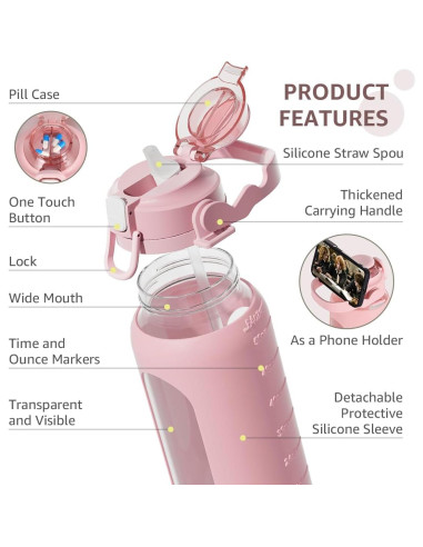 Botella de Agua de Vidrio 64 Oz Fluhun Rosa a Prueba de Fugas