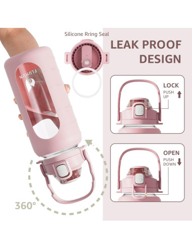 Botella de Agua de Vidrio 64 Oz Fluhun Rosa a Prueba de Fugas