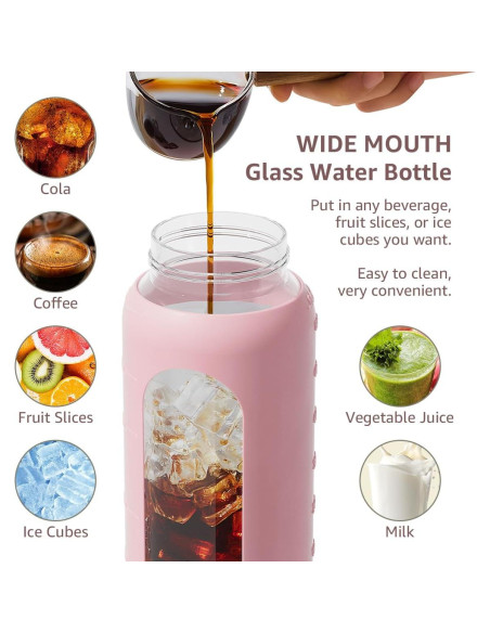 Botella de Agua de Vidrio 64 Oz Fluhun Rosa a Prueba de Fugas