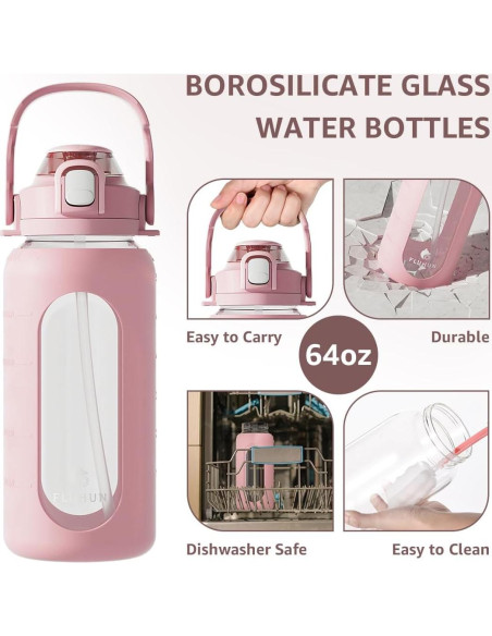 Botella de Agua de Vidrio 64 Oz Fluhun Rosa a Prueba de Fugas