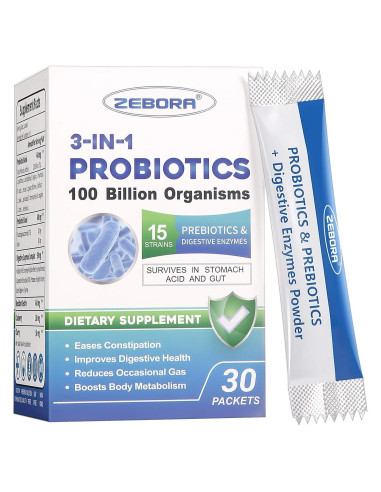 Probioticos 3-en-1 Zebora 100 Mil Millones 750 mg Vegano