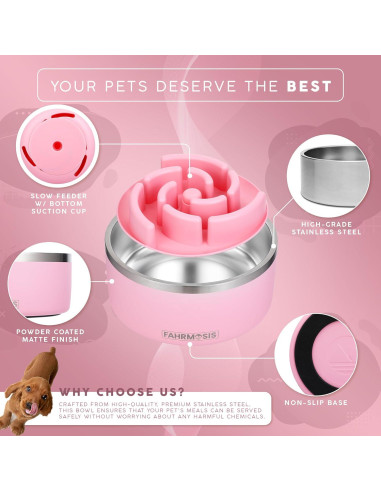 Tazón de Alimentación Lenta para Perros FAHRMOSIS 32 Oz Rosa