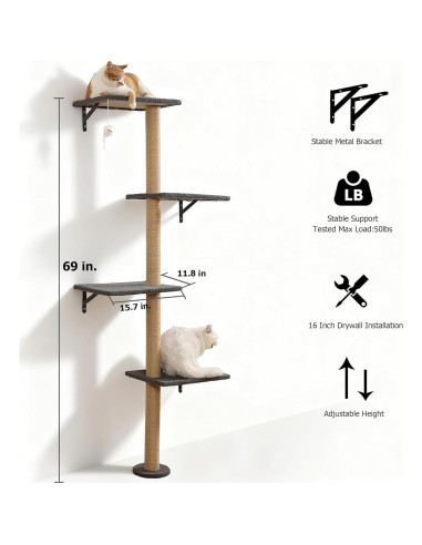 Árbol de Gatos Montado en la Pared HAPYKITYS 4 Niveles Gris