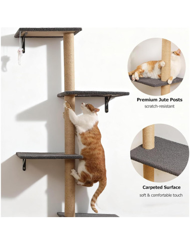 Árbol de Gatos Montado en la Pared HAPYKITYS 4 Niveles Gris