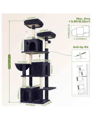 Árbol para Gatos Globlazer F71 180 cm Multi-Nivel Gris Oscuro