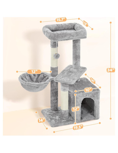 Árbol para Gatos Yaheetech Gris Claro, Torre Multifuncional 87.6cm