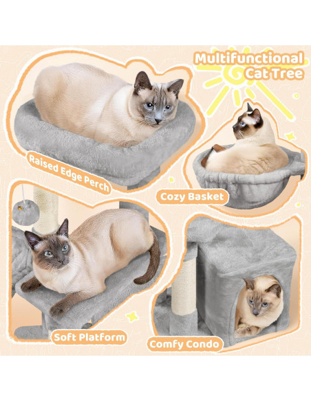 Árbol para Gatos Yaheetech Gris Claro, Torre Multifuncional 87.6cm