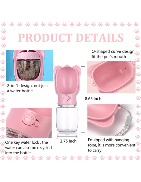 Botella de Agua y Comida para Mascotas Crisque Rosa 350ml