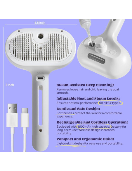 Cepillo de Vapor Recargable FONSUFA 3 en 1 para Gatos y Perros
