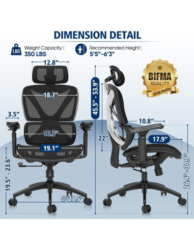 Silla de Oficina Ergonómica GABRYLLY, Soporte Lumbar, Reposabrazos 3D