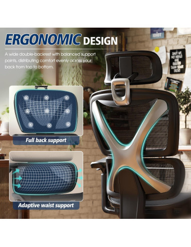 Silla de Oficina Ergonómica GABRYLLY, Soporte Lumbar, Reposabrazos 3D