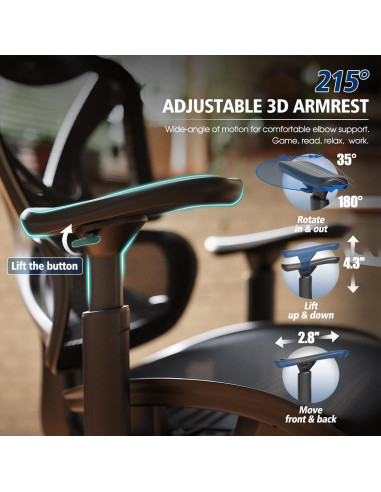 Silla de Oficina Ergonómica GABRYLLY, Soporte Lumbar, Reposabrazos 3D