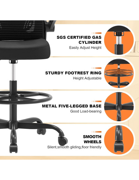 Silla de Dibujo Ergonómica Synorla con Soporte Lumbar Negro