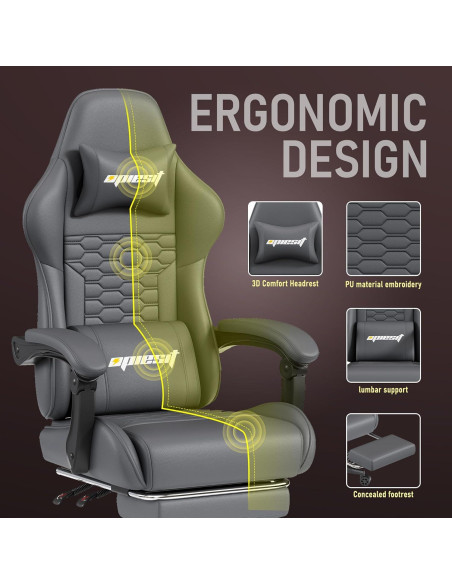 Silla de Juego Ergonomica Opiesit 300 con Reposapiés y Soporte Lumbar