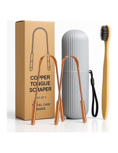 Juego de Raspadores de Lengua Cobre Puro + Cepillo Bambú