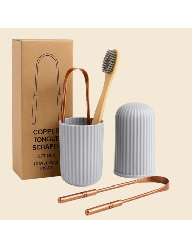 Juego de Raspadores de Lengua Cobre Puro + Cepillo Bambú