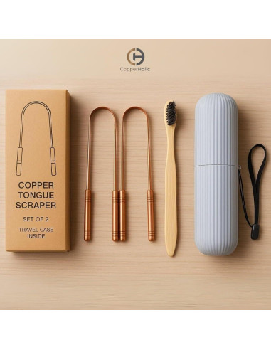 Juego de Raspadores de Lengua Cobre Puro + Cepillo Bambú