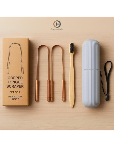 Juego de Raspadores de Lengua Cobre Puro + Cepillo Bambú