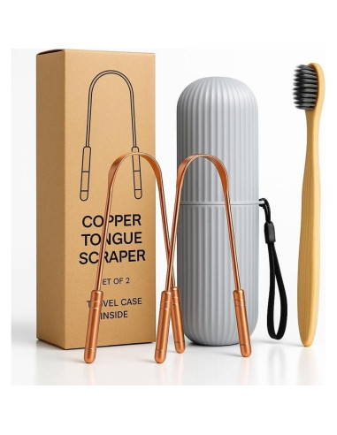 Juego de Raspadores de Lengua Cobre Puro + Cepillo Bambú