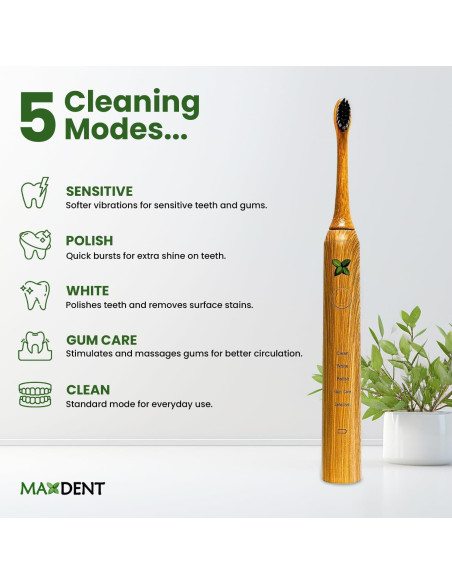 Cepillo de Dientes Eléctrico Maxdent de Bambú Recargable con 3 Cabezas