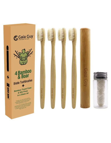 Set Dental Ecológico Gaia Guy: 4 Cepillos Bambú + Hilo Seda
