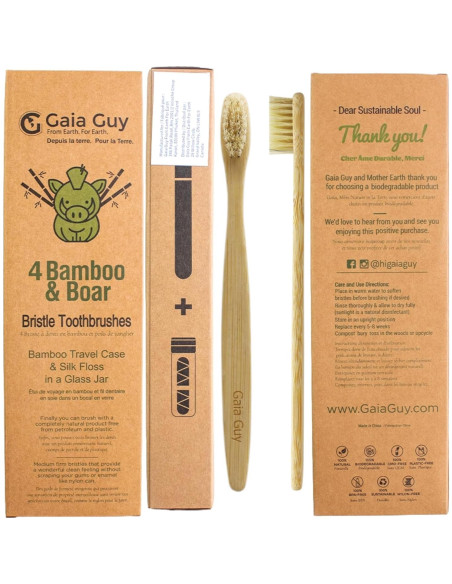 Set Dental Ecológico Gaia Guy: 4 Cepillos Bambú + Hilo Seda