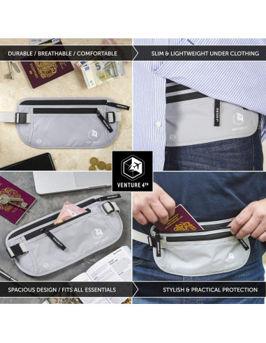 Cinturón de Dinero VENTURE 4TH con Bloqueo RFID - Beige y Plateado