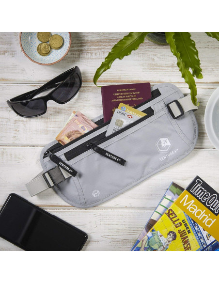 Cinturón de Dinero VENTURE 4TH con Bloqueo RFID - Beige y Plateado