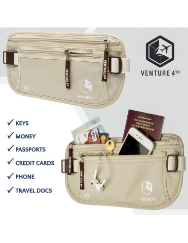 Cinturón de Dinero VENTURE 4TH con Bloqueo RFID - Beige y Plateado