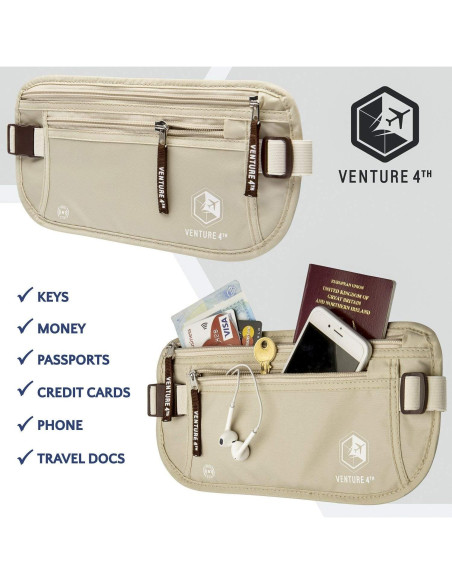 Cinturón de Dinero VENTURE 4TH con Bloqueo RFID - Beige y Plateado
