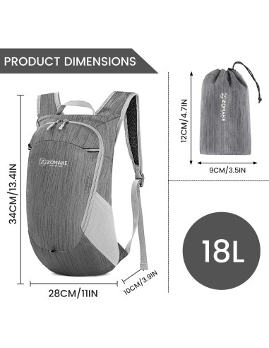 Mochila Plegable Ultra Ligera ZOMAKE 18L Gris Medio