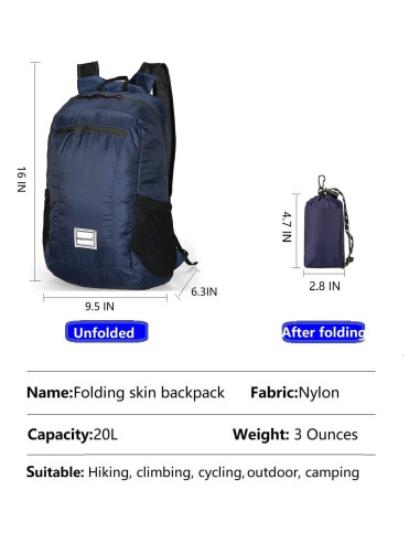 Mochila de Senderismo Plegable 15L Azul Oscuro Unisex