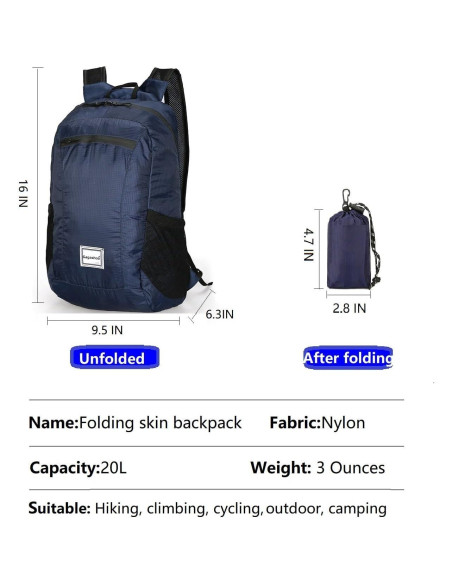 Mochila de Senderismo Plegable 15L Azul Oscuro Unisex