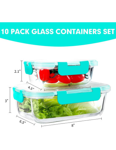 VERONES 10 Pack Contenedores de Vidrio Herméticos 1.01L y 0.35L