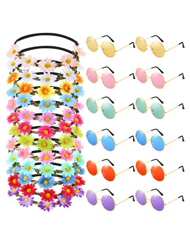 Conjunto Disfraz Hippie 24 Piezas Bememo con Diademas y Gafas