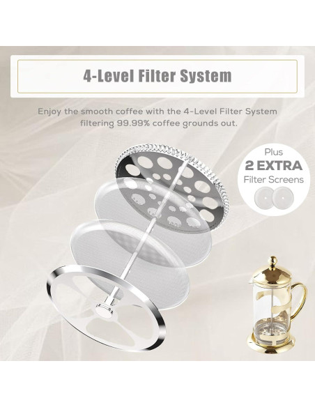 Prensa Francesa de Café DUJUST Dorada 1L con Filtro 4 Niveles Prensa Francesa de Café DUJUST Dorada 1L con Filtro 4 Niveles