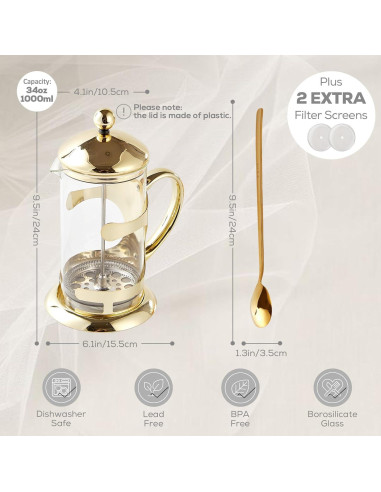 Prensa Francesa de Café DUJUST Dorada 1L con Filtro 4 Niveles