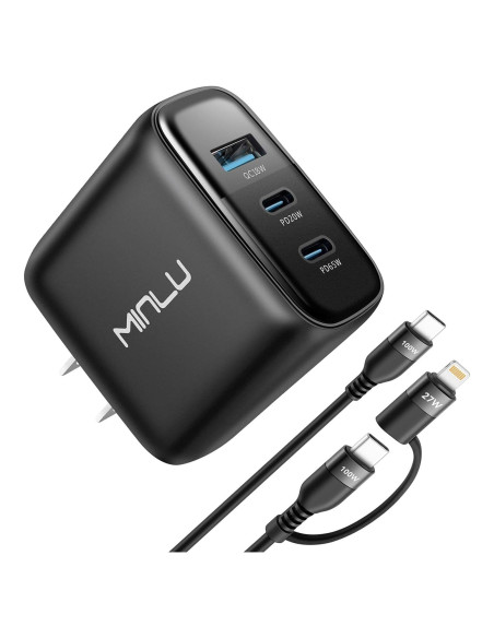 Cargador USB-C 65W MINLU 3 Puertos GaN con Cable 2 en 1