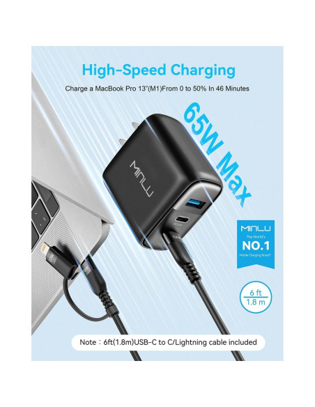 Cargador USB-C 65W MINLU 3 Puertos GaN con Cable 2 en 1