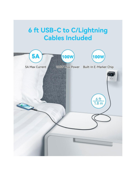 Cargador USB-C 65W MINLU 3 Puertos GaN con Cable 2 en 1