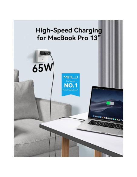 Cargador USB-C 65W MINLU 3 Puertos GaN con Cable 2 en 1